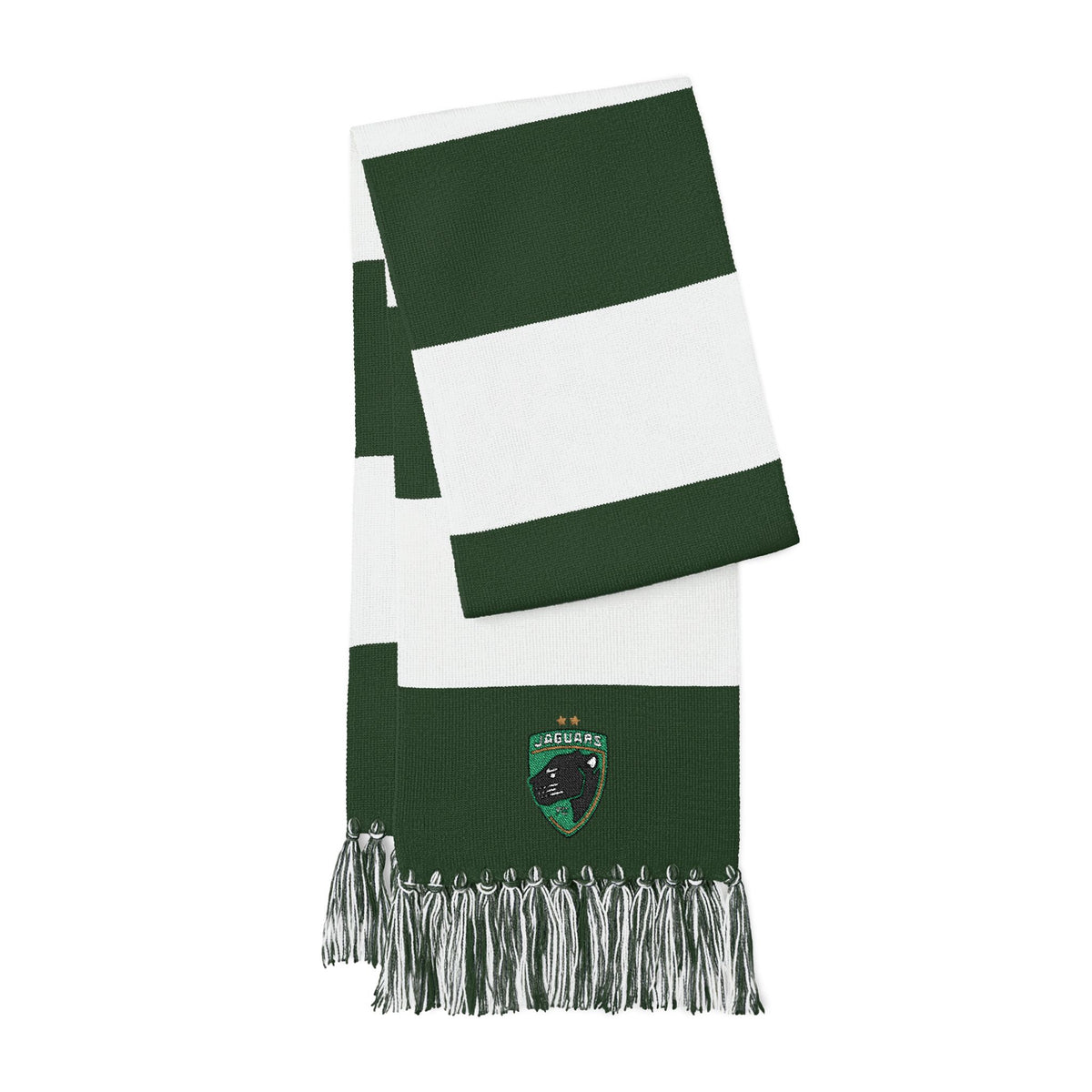 Embroidered Green & White Spectator Scarf — Striped Team Fan Scarf with Crest