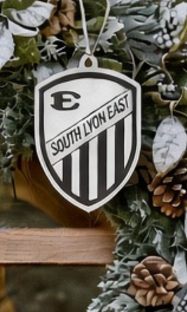 South Lyon East Cougars Holiday Spirit Wreath | 24" Frosted Pinecone Door Wreath with School Shield & Striped Bow | Limited Pre-Order