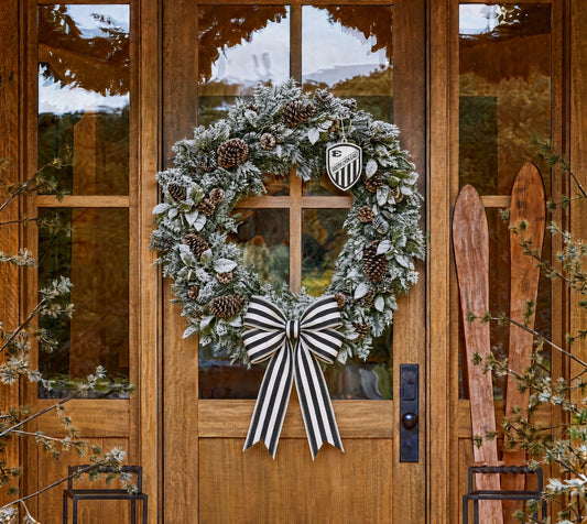 South Lyon East Cougars Holiday Spirit Wreath | 24" Frosted Pinecone Door Wreath with School Shield & Striped Bow | Limited Pre-Order