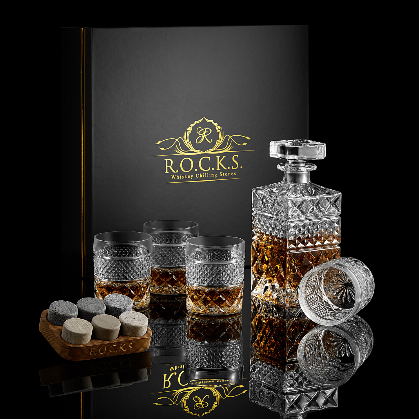 The Whiskey Decanter Gift Set With 4 Whisky Glasses & Handcrafted Whiskey Chilling Stones