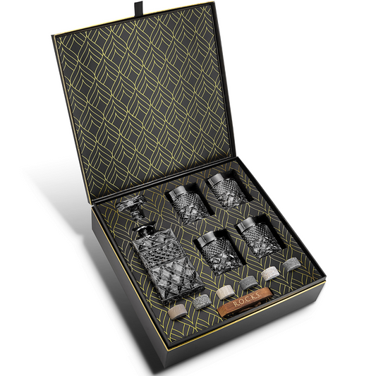 The Whiskey Decanter Gift Set With 4 Whisky Glasses & Handcrafted Whiskey Chilling Stones